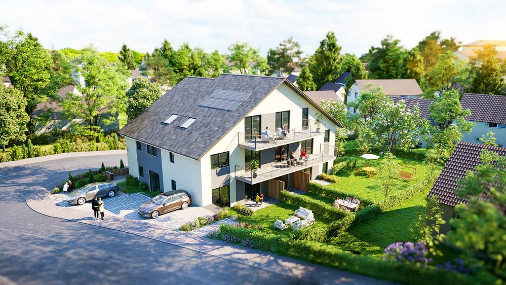 Bild Neubau Eigentumswohnungen Fichtenstraße Weissach: Bild eines Mehrfamilienhaues aus der Vogelperspektive