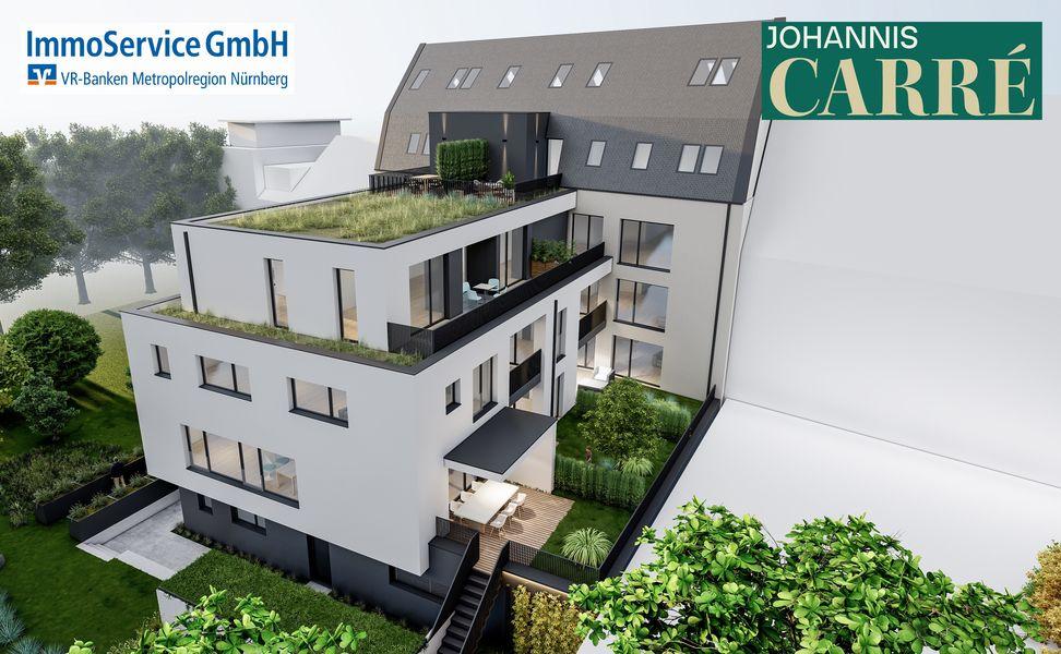 Bild Neubau Eigentumswohnungen Schnieglinger Straße Nürnberg: Straßenansicht eines Mehrfamilienhauses mit Radfahrer