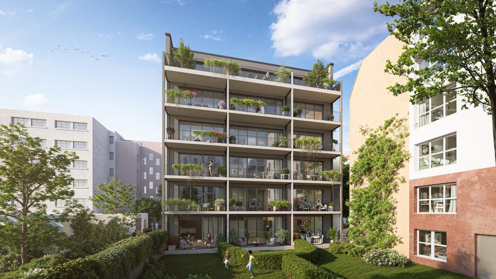 Bild Neubauprojekt Central Yards, Berlin: Visualisierung eines Mehrfamilienhauses mit Balkonen und Terrassen