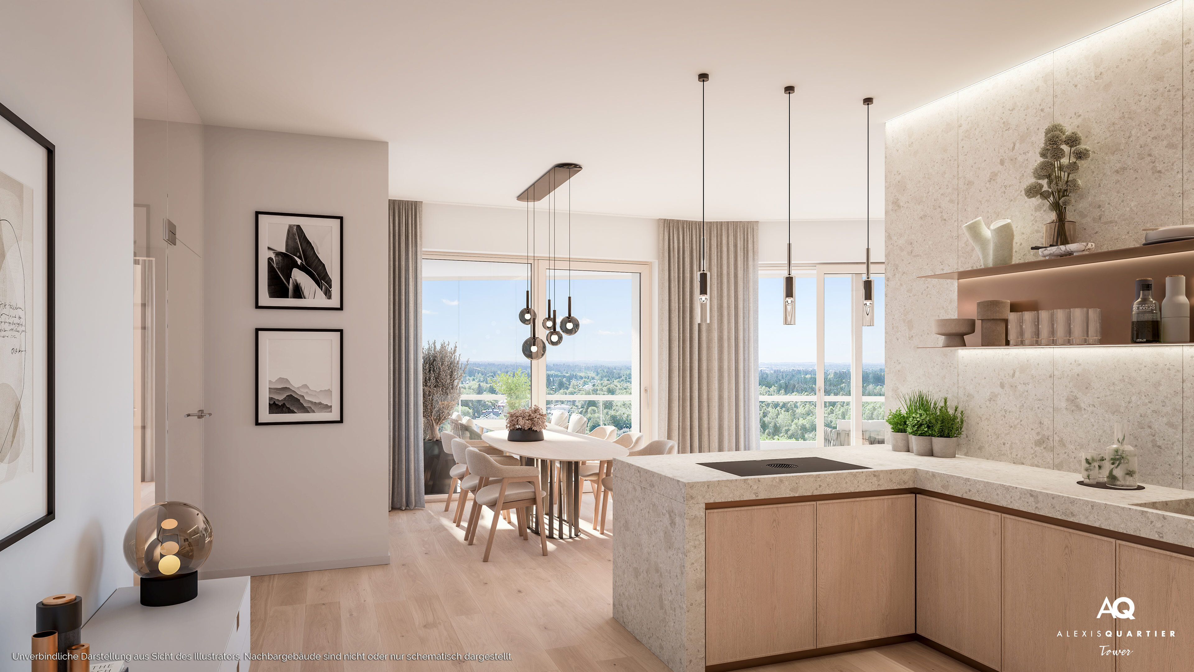 Bild Neubauprojekt ALEXISQUARTIER-Tower, München: Visualisierung eines Wohnzimmers und der angrenzenden Küche