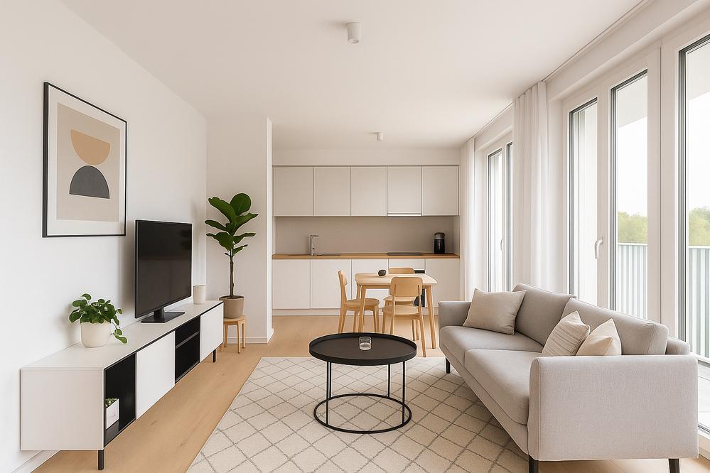 Image new-build project Sky Studios, Augsburg: Visualization of a multi-family house from bird's eye view