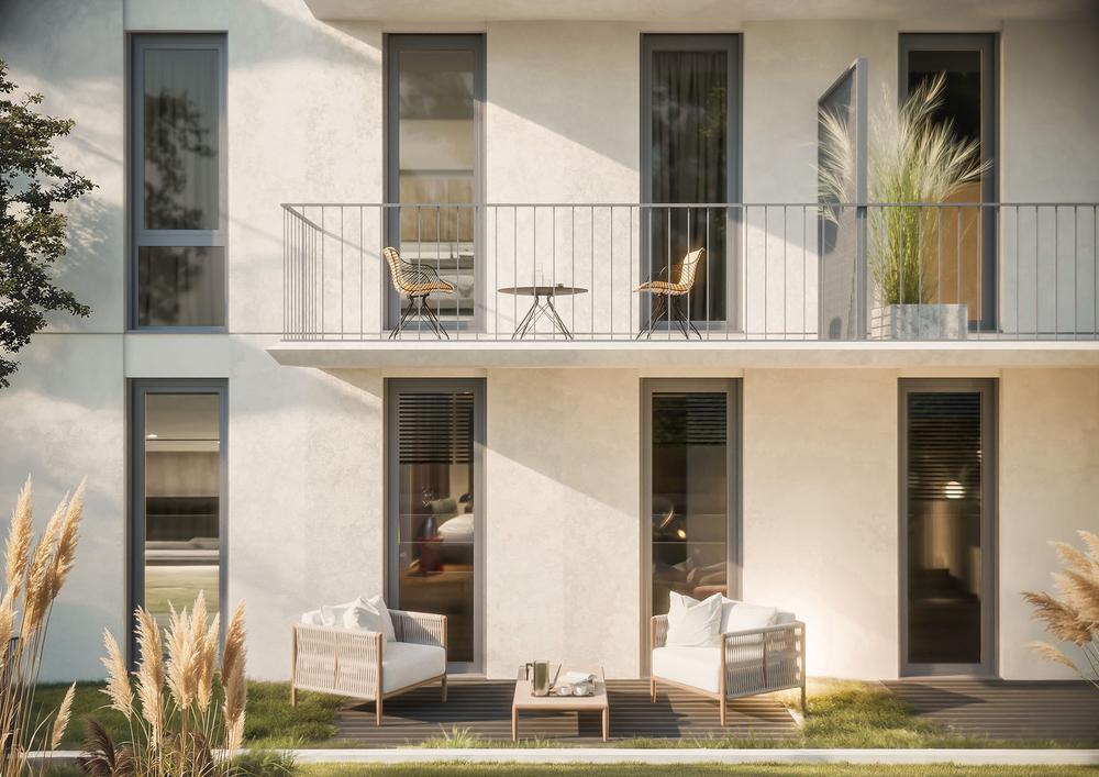 Bild Neubauprojekt Kloster Residenzen, Limburg an der Lahn: Visualisierung einer Hausfassade mit Balkon und Terrasse