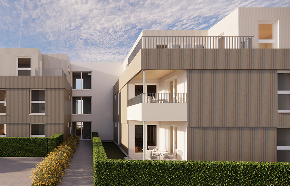 Bild Neubau Eigentumswohnungen Beckentalweg Affalterbach: Bild einer Terrasse mit Garten und Gartenmöbel