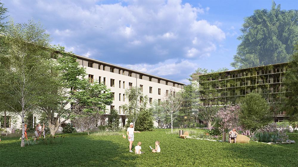 Bild Neubau Studentenapartments Hohenzollernstraße Saarbrücken Bild Neubau Studentenapartments Hohenzollernstraße Saarbrücken: Bild eines Mehrfamilienhauses mit Garten und Menschen