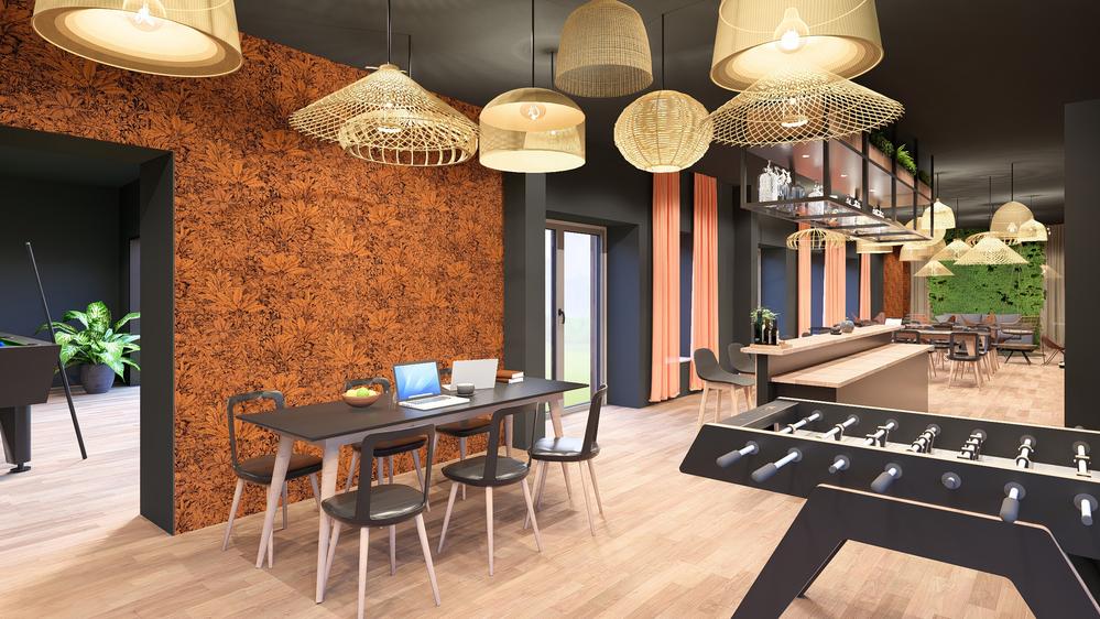 Bild Neubau Studentenapartments Hohenzollernstraße Saarbrücken Bild Neubau Studentenapartments Hohenzollernstraße Saarbrücken: Bild eines Gemeinschaftraums mit Tisch-Kicker