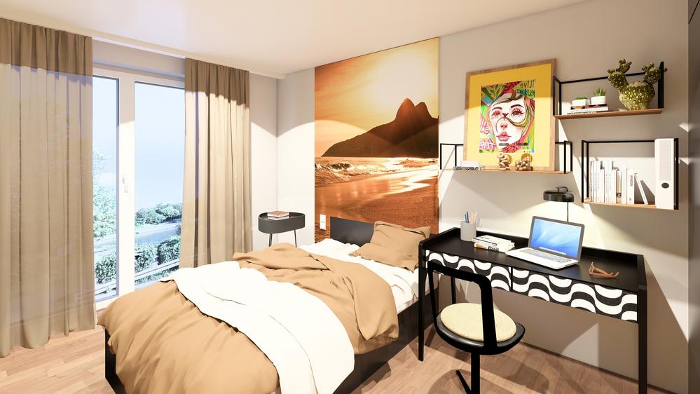 Bild Neubau Studentenapartments Hohenzollernstraße Saarbrücken Bild Neubau Studentenapartments Hohenzollernstraße Saarbrücken: Bild eines Apartments mit Bett und Schreibtisch
