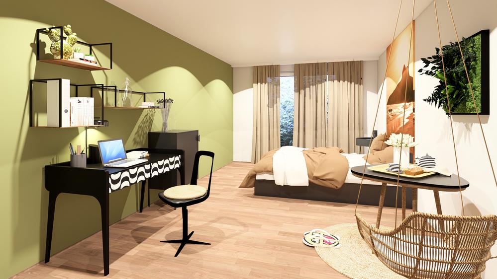 Bild Neubau Studentenapartments Hohenzollernstraße Saarbrücken Bild Neubau Studentenapartments Hohenzollernstraße Saarbrücken: Bild eines Apartments mit Bett, Schreibtisch und Hängematte