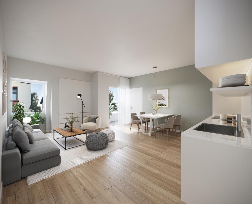 Bild Neubau Studentenapartments Bornheim Living, Frankfurt: Visualisierung eines modern eingerichteten Wohnzimmers