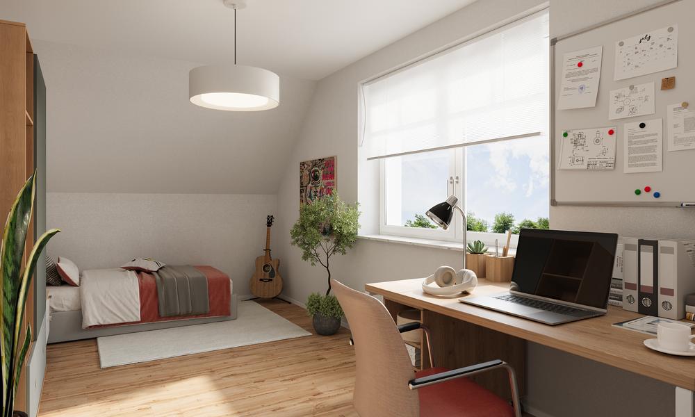 Bild Neubau Hebbelstraße Neuenkirchen: Frontansicht eines Doppelhauses Bild Neubau Hebbelstraße Neuenkirchen: Bild eines hellen Wohnzimmers