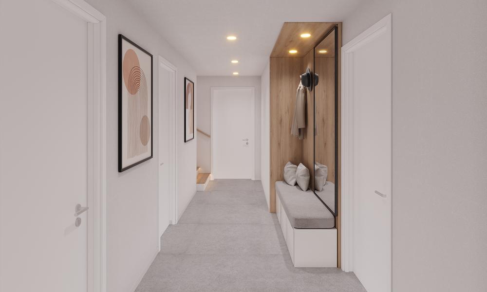 Bild Neubau Hebbelstraße Neuenkirchen: Frontansicht eines Doppelhauses Bild Neubau Hebbelstraße Neuenkirchen: Bild eines hellen Flurs