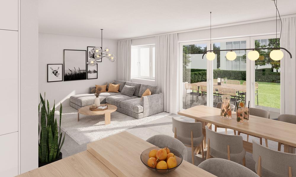 Bild Neubau Hebbelstraße Neuenkirchen: Frontansicht eines Doppelhauses Bild Neubau Hebbelstraße Neuenkirchen: Bild eines hellen Wohnzimmers