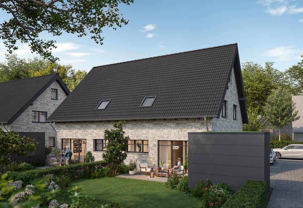 Bild Neubau Hebbelstraße Neuenkirchen: Frontansicht eines Doppelhauses Bild Neubau Hebbelstraße Neuenkirchen: Gartenansicht eines Doppelhauses