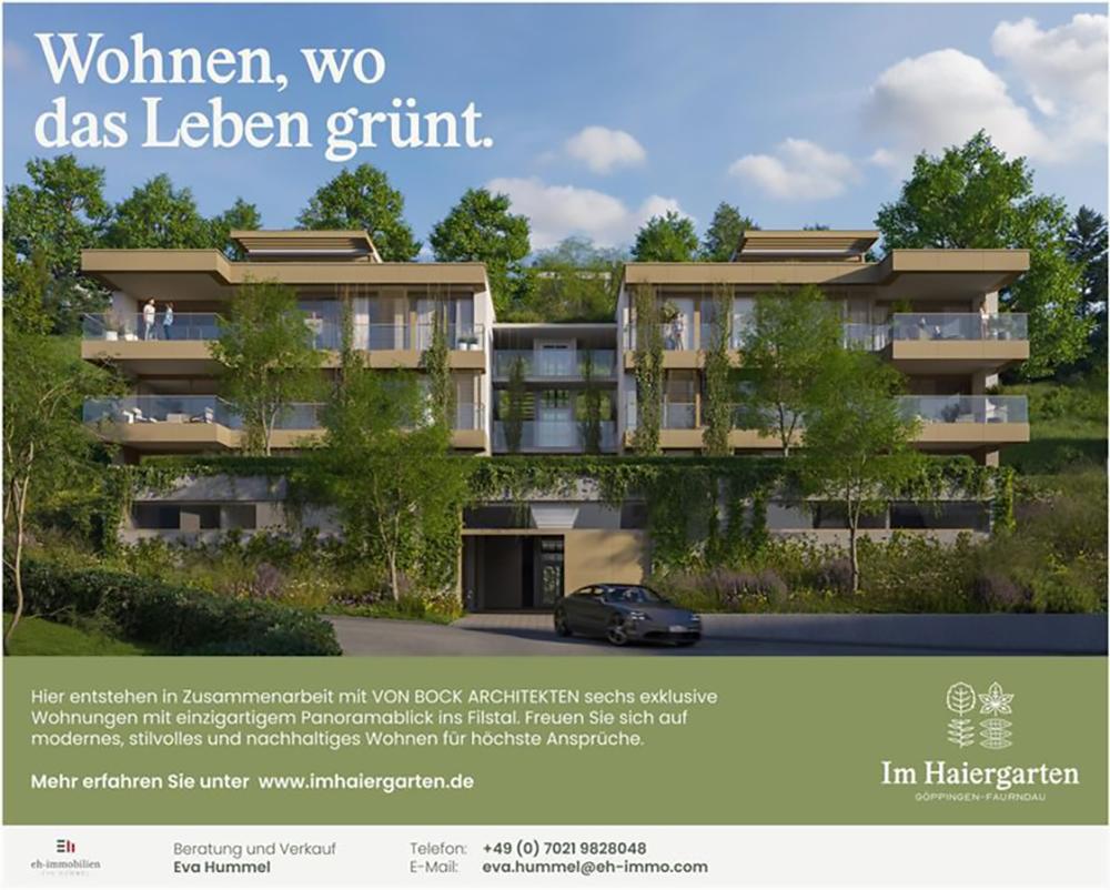 Bild Neubau Eigentumswohnungen Panoramastraße Göppinge Bild Neubau Eigentumswohnungen Panoramastraße Göppingen: Frontansicht eines Mehrfamilienhauses mit Infos zum Projekt Im Haiergarten