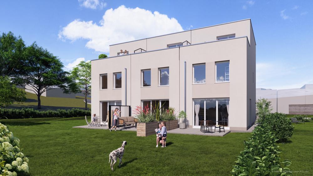 Bild Neubau Häuser Am Hollerbach Hofheim am Taunus: Gartenansicht einer Reihenhausanlage title=
