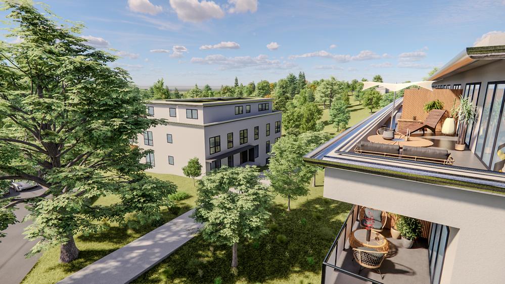 Bild Neubauprojekt oasis, Velbert Bild Neubauprojekt oasis, Velbert: Visualisierung eines Mehrfamilienhauses mit Blick auf die Dachterrasse