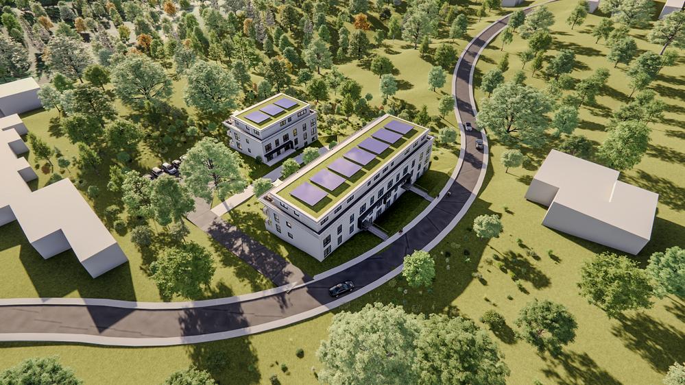 Bild Neubauprojekt oasis, Velbert Bild Neubauprojekt oasis, Velbert: Visualisierung eines Mehrfamilienhauses aus der Vogelperspektive