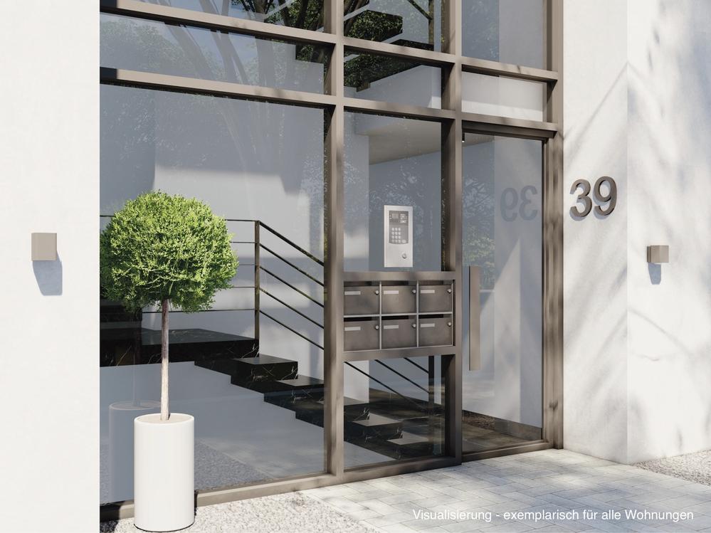 Bild Neubau Eigentumswohnungen FLAIR39, Düsseldorf Bild Neubau Eigentumswohnungen FLAIR39, Düsseldorf: Vogelpespektive auf das Mehrfamilienhaus