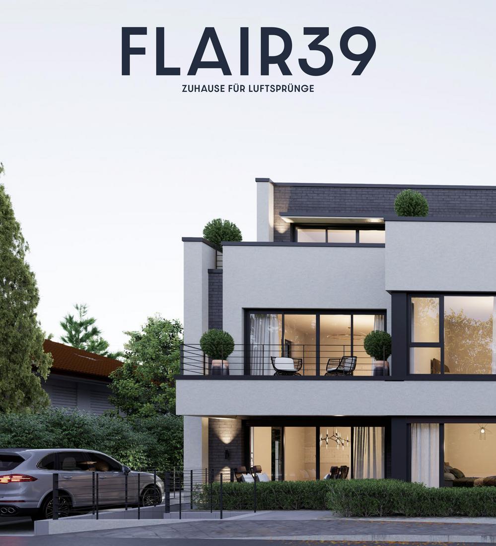 Bild Neubau Eigentumswohnungen FLAIR39, Düsseldorf Bild Neubau Eigentumswohnungen FLAIR39, Düsseldorf: Außenansicht eines Mehrfamilienhauses mit Projekt-Logo