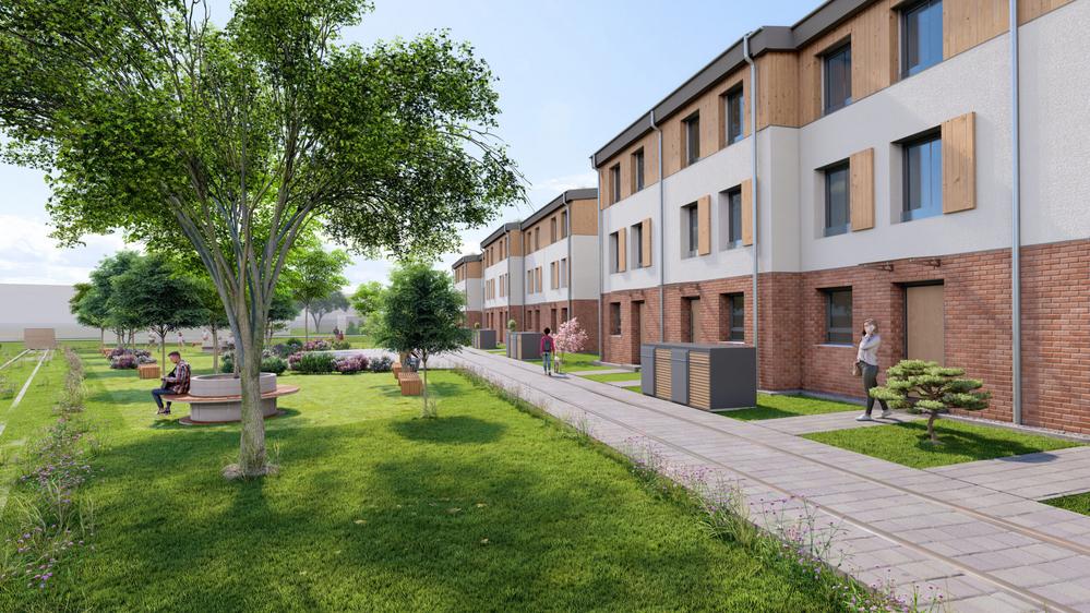 Bild Neubau Häuser Bahnhofstraße Bischofsheim Bild Neubau Häuser Bahnhofstraße Bischofsheim: Eingangsseite einer Reihenhausanlage