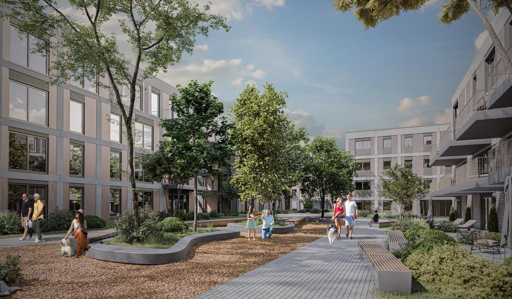 Bild Neubau Eigentumswohnungen Amberblick, Ludwigsburg: Visualisierung eines Mehrfamilienhauses mit Blick in den Innenhof