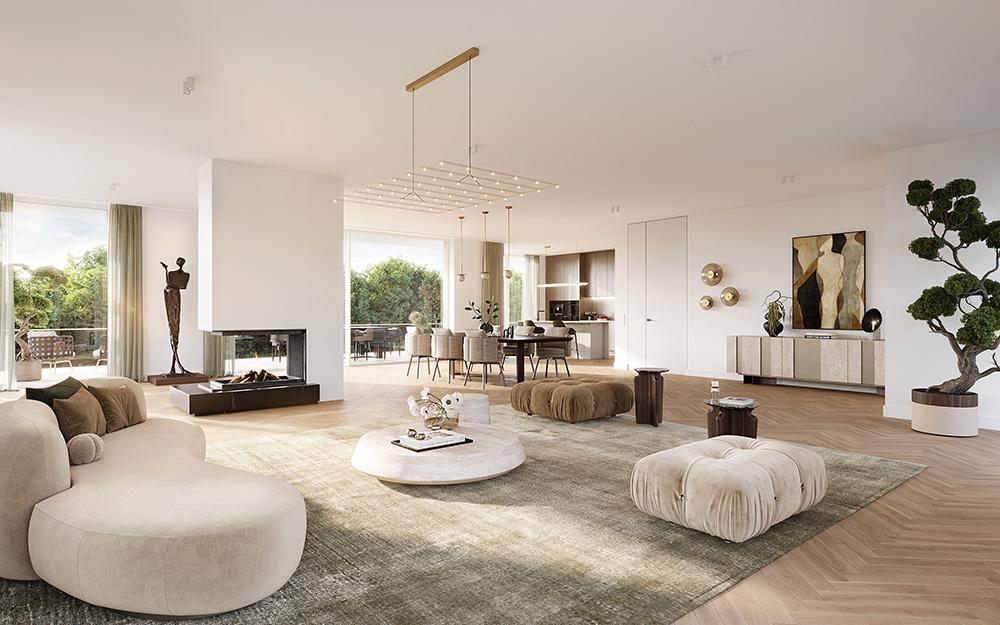Bild Neubau Eigentumswohnungen Stuberstraße München: Visualisierung eines großen Wohnzimmers