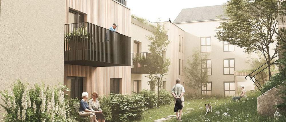 Bild Neubau Eigentumswohnungen Hubertusstraße Braunsfels: Visualisierung des Innenhofs eines Mehrfamilienhauses