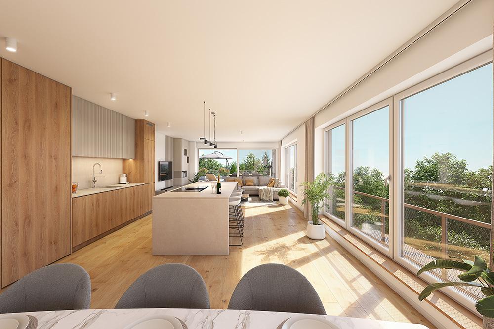 Bild Neubau Eigentumswohnungen Am Rotschlössle Kempten Allgäu: Visualisierung einer modernen Wohnküche mit Blick auf die Terrasse