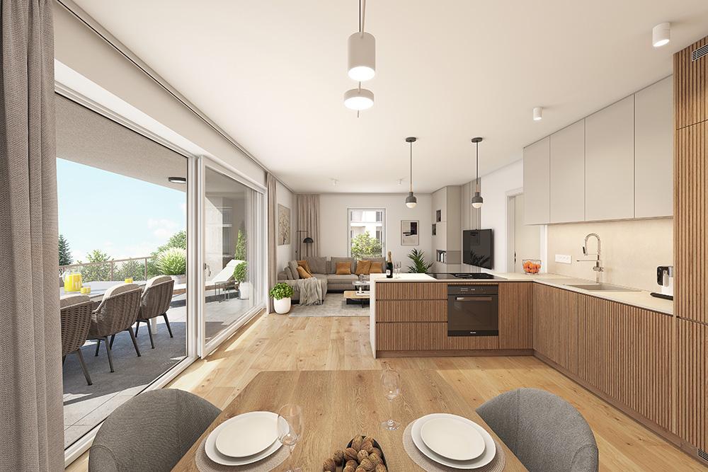 Bild Neubau Eigentumswohnungen Am Rotschlössle Kempten Allgäu: Visualisierung eines hellen Wohnzimmers