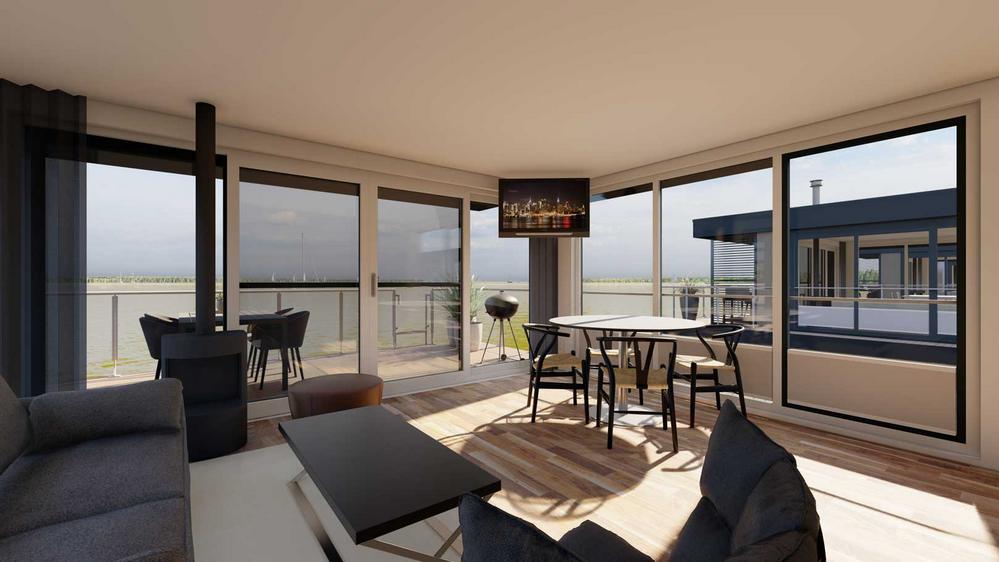 Bild Neubauprojekt Hafenresort Fuhlendorf: Visualisierung von Hausbooten auf dem Wasser