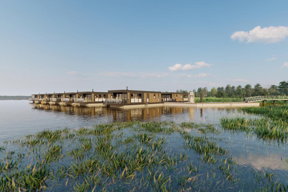 Bild Neubauprojekt Hafenresort Fuhlendorf: Visualisierung von Hausbooten auf dem Wasser