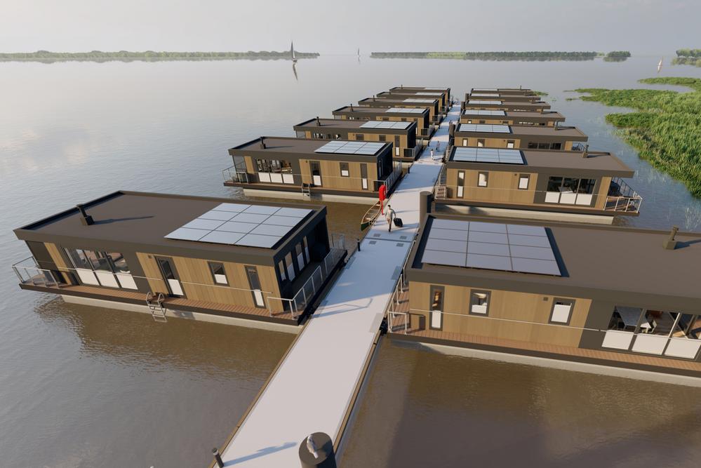 Bild Neubauprojekt Hafenresort Fuhlendorf: Visualisierung von Hausbooten auf dem Wasser