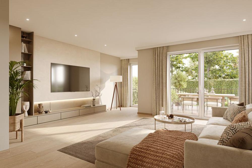 Bild Neubau Doppelhaushälften Bad Heilbrunn Bild Neubau Doppelhaushälften Bad Heilbrunn: Visualisierung eines hellen Wohnzimmers