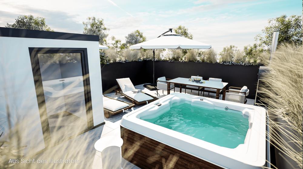 Bild Neubau Häuser Pelargonienweg München: Visualisierung einer Dachterrasse mit Pool