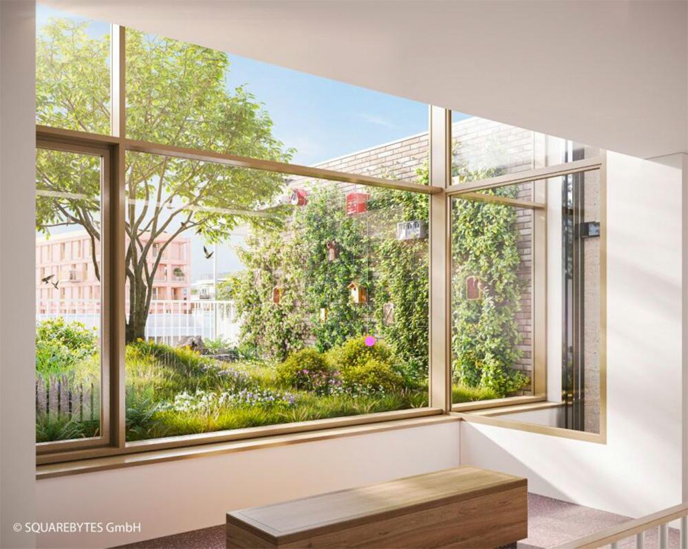 Bild Neubau Eigentumswohnungen Otto-Preminger-Straße Wien: Visualisierung einer Wohnung mit Blick in den grünen Innenhof