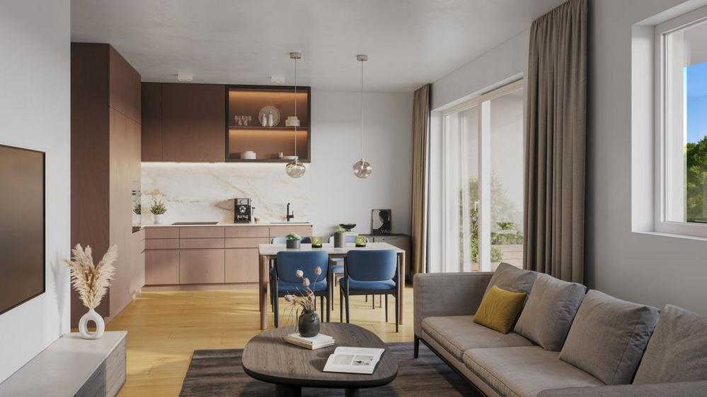 Bild Neubau Eigentumswohnungen Lehenkreuzweg Schemmerhofen: Visualisierung eines modernen Wohnzimmers