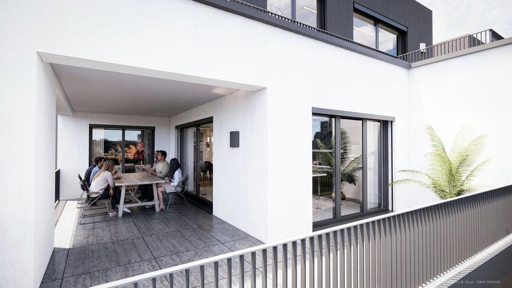 Bild Neubau Eigentumswohnungen Haarholzer Straße Bochum: Visualisierung eines Balkons mit Menschen an einem Tisch
