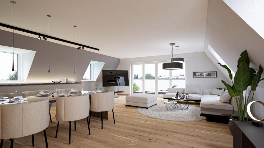 Bild Neubau Eigentumswohnungen Neubauprojekt See-Quartier-Dießen: Visualisierung eines hellen Wohnzimmers