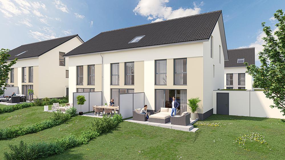Bild Neubau Häuser Eisenbahnstraße Gelnhausen Bild Neubau Häuser Eisenbahnstraße Gelnhausen: Visualisierung eines Doppelhauses mit Garten