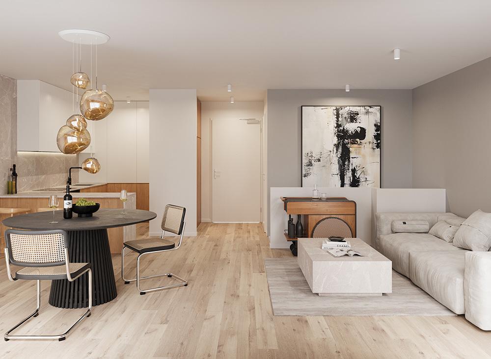 Bild Neubau Eigentumswohnungen AMALIENBURG 27, München: Visualisierung eines modernen Wohnzimmers