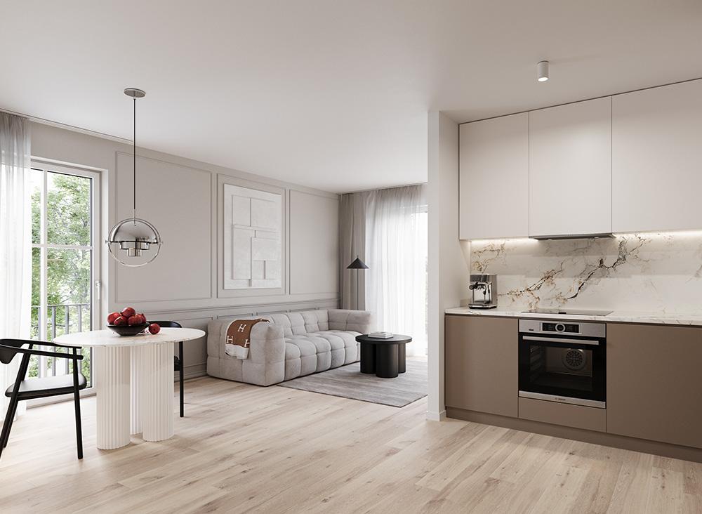 Bild Neubau Eigentumswohnungen AMALIENBURG 27, München: Visualisierung einer modernen Küche