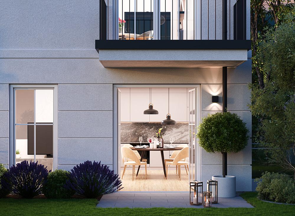 Bild Neubau Eigentumswohnungen AMALIENBURG 27, München: Visualisierung einer Gartenterrasse