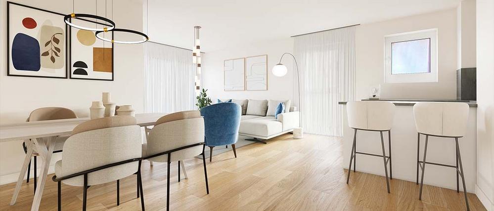Bild Neubau Eigentumswohnungen Aubing-Ost-Straße München: Visualisierung eines modernen Wohnzimmers