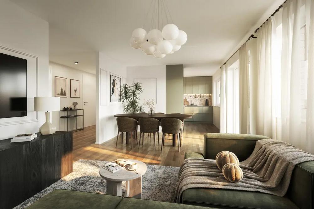 Bild Neubau Eigentumswohnungen Hohenzollernstraße Ludwigsburg Bild Neubau Eigentumswohnungen Hohenzollernstraße Ludwigsburg: Visualisierung eines modernen Wohnzimmers