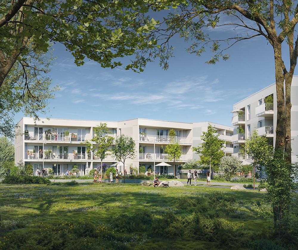 Bild Neubau Eigentumswohnungen Angerstraße Freising Bild Neubau Eigentumswohnungen Angerstraße Freising: Visualisierung eines Mehrfamilienhauses mit Garten