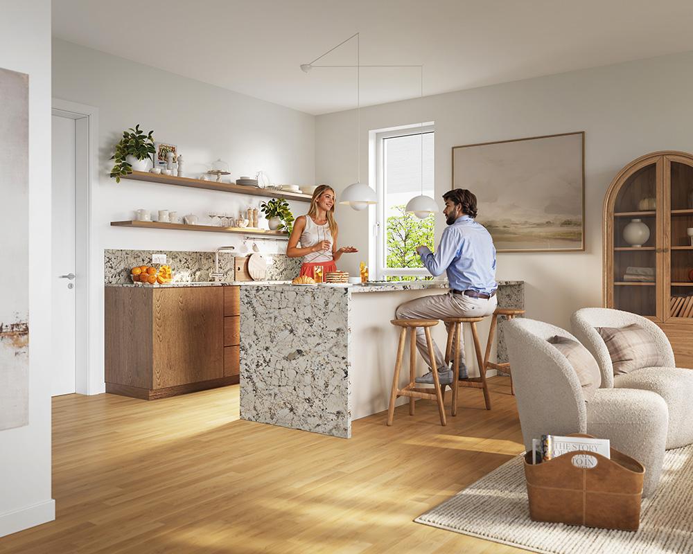 Bild Neubau Eigentumswohnungen Angerstraße Freising Bild Neubau Eigentumswohnungen Angerstraße Freising: Visualisierung eines hellen Wohnzimmers