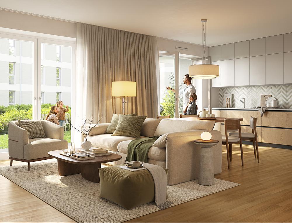 Bild Neubau Eigentumswohnungen Angerstraße Freising Bild Neubau Eigentumswohnungen Angerstraße Freising: Visualisierung eines hellen Wohnzimmers