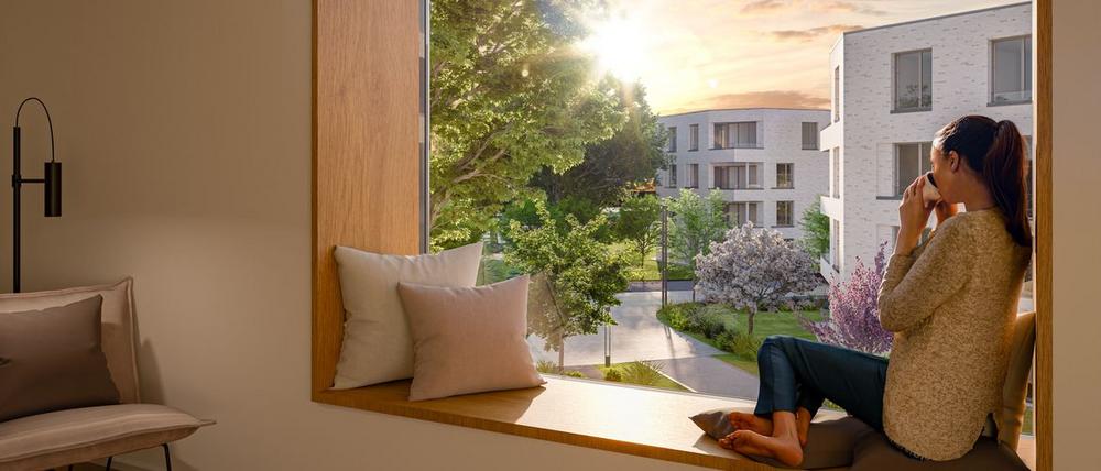 Bild Neubau Eigentumswohnungen Thumenberger Weg Nürnberg: Visualisierung einer Frau, die am Fenster sitzt und in den Innehof schaut