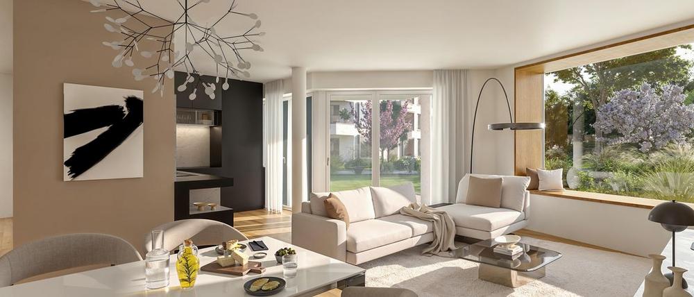 Bild Neubau Eigentumswohnungen Thumenberger Weg Nürnberg: Visualisierung eines modernen Wohnzimmers