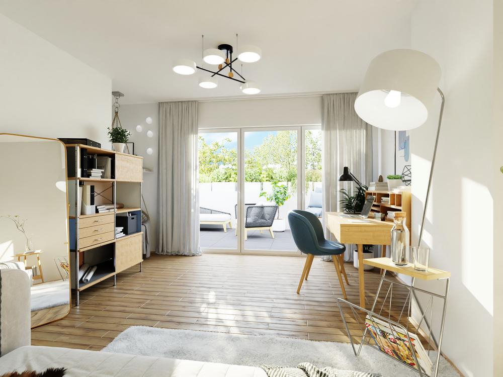 Bild Neubau Häuser Ob dem Korntaler Weg: Eingangsseite einer Reihenhausanlage Ditzingen Bild Neubau Häuser Ob dem Korntaler Weg: Eingangsseite einer Reihenhausanlage Ditzingen: Visualisierung eines modernen Wohnzimmers
