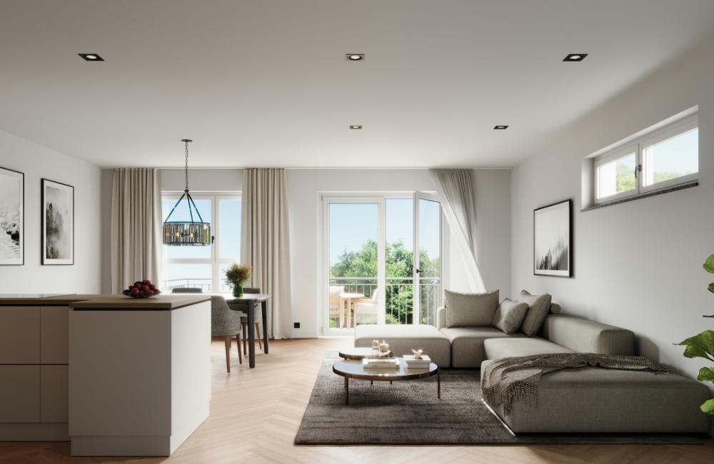 Bild Neubau Eigentumswohnungen Sansibarstraße München Bild Neubau Eigentumswohnungen Sansibarstraße München: Visualisierung eines modernen Wohnzimmers